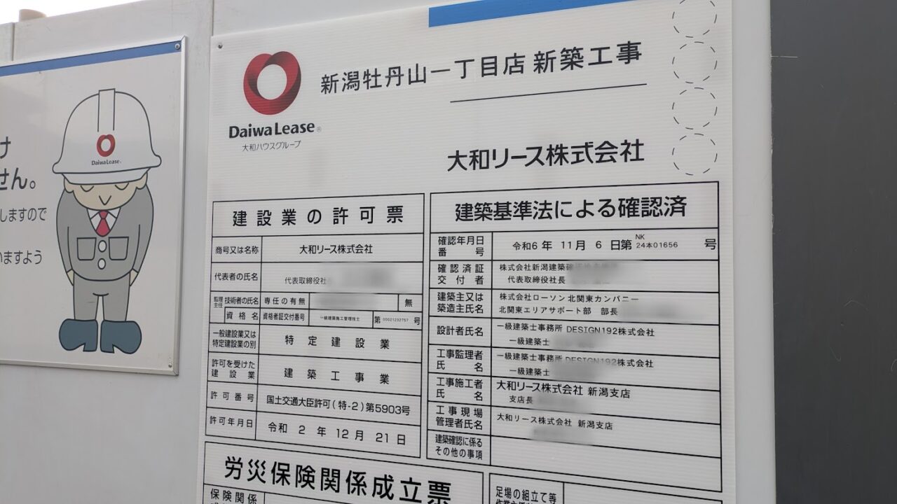 新潟市東区牡丹山のローソン新潟牡丹山１丁目店の建設予定地の法令看板